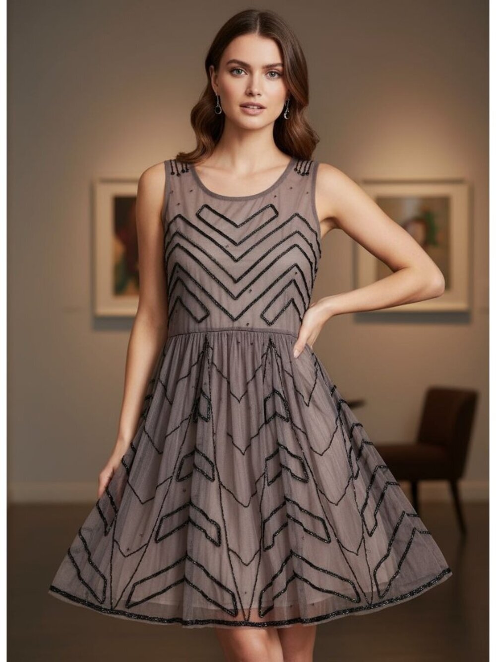 VTG Free People XS Sheer Beaded Sleeveless Dress Chevron  Whimsigoth Whimsygoth